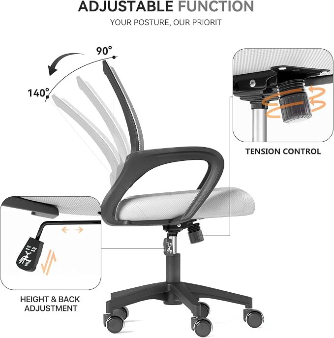 Office Chair, Ergonomic Mid-Back Mesh Desk Chair, 8 Pack, White | Lumbar Support, Adjustable Height, Rolling Wheels Design, Comfy Armrest, For Work, Study, Gaming