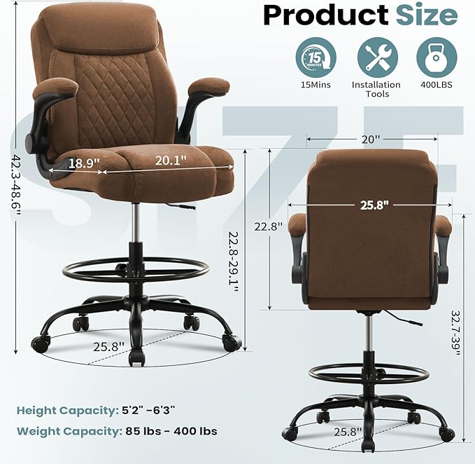 MAHOMICO Drafting Chair for Standing Desk – Tall Office Chair with Adjustable Height & Foot Ring, Flip-Up Arms, Lumbar Support – Comfortable Fabric Seat, Ideal Home Desk Chair