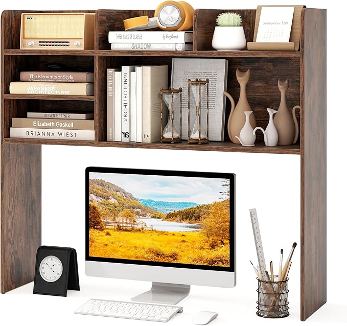 GOFLAME 6 Shelves Desktop Bookshelf, 37” Desk Hutch Dorm for Computer Monitor Up to 32”, 3-Tier Countertop Display Rack, Wood Desk Storage Organizer Shelf for Home Office, Study, Rustic Brown