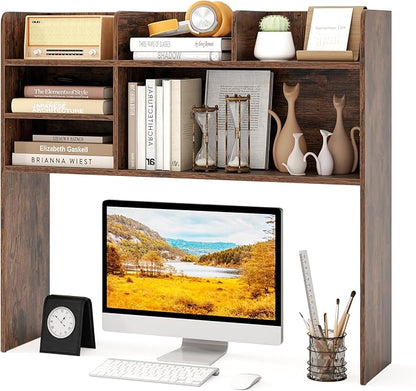 GOFLAME 6 Shelves Desktop Bookshelf, 37” Desk Hutch Dorm for Computer Monitor Up to 32”, 3-Tier Countertop Display Rack, Wood Desk Storage Organizer Shelf for Home Office, Study, Rustic Brown