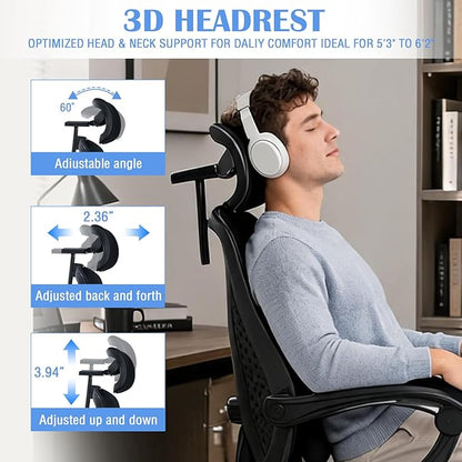 Ergonomic Office Chair with Footrest - Adjustable Lumbar Support & 3D Headrest, 90-160° Reclining Mesh High-Back Rolling Work Swivel Computer Chair-400lbs Capacity