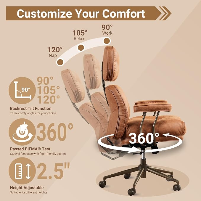 Home Office Chair,Ergonomic Computer Chair with Lumbar Support Adjustable Height,Mid-Century Modern Office Chair with Rolling Swivel Chair for Home Office Game Study(Suede Leather Chair,Light Brown)