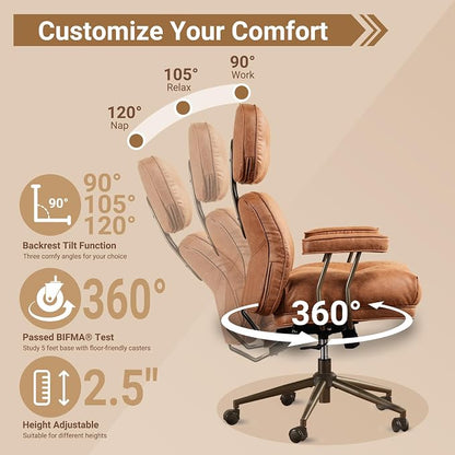 Home Office Chair,Ergonomic Computer Chair with Lumbar Support Adjustable Height,Mid-Century Modern Office Chair with Rolling Swivel Chair for Home Office Game Study(Suede Leather Chair,Light Brown)