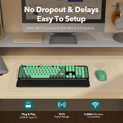 Wireless Keyboard and Mouse Combo, Round Keycaps, Full-Size Retro Typewriter Keyboard with Magnetic Wrist Rest, Tilt Legs, 2.4GHz Cordless for Mac, Windows PC, Laptop, SABLUTE CK23, Black & Green