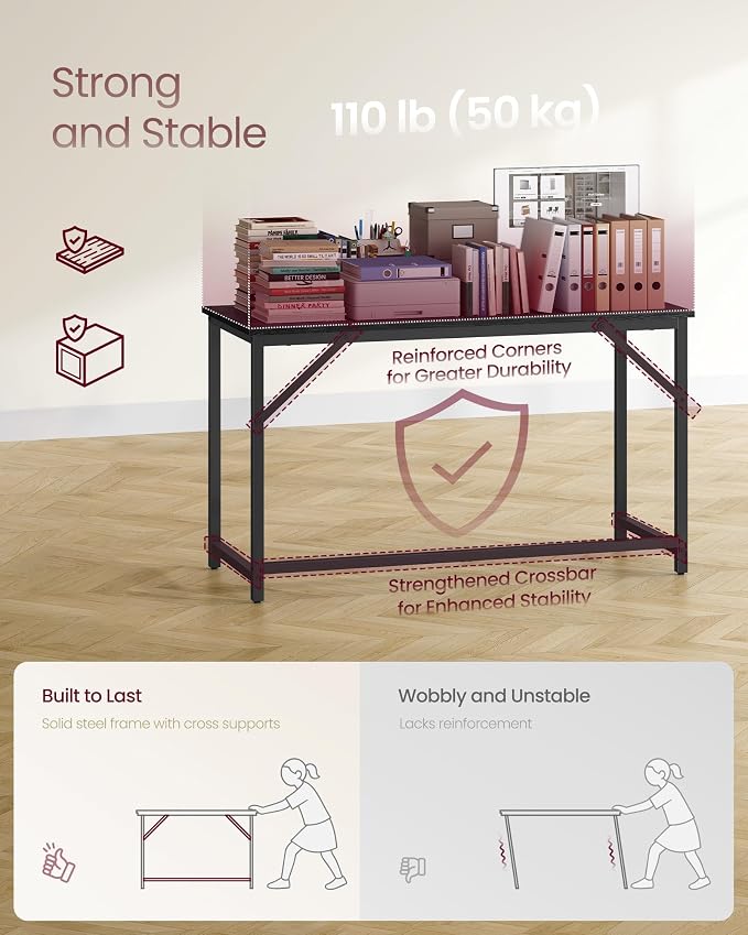 VASAGLE Computer Desk, Office Work Desk, 47.2 x 19.7 x 29.9 Inches, for Study, Bedroom, Home Office, Living Room, Ebony Black and Ink Black ULWD212B101