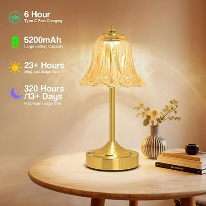 Cordless Table Lamp, Rechargeable 5200mAh Battery Lamp, Flower-Inspired Crystal Small Cordless Lamp with 3 Color Dimmable Touch Control for Bedroom Nightstand Living Room Decor