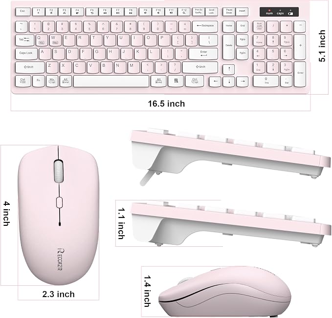 Wireless Keyboard and Mouse Combo, Reccazr 2.4G Full-Sized Keyboard and Mouse Cordless, 3 DPI Adjustable Mouse, Dual-System Keyboard for Computer/Laptop/Windows/Mac (Pink & White)