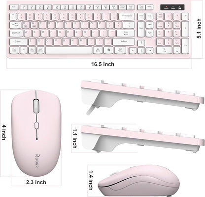 Wireless Keyboard and Mouse Combo, Reccazr 2.4G Full-Sized Keyboard and Mouse Cordless, 3 DPI Adjustable Mouse, Dual-System Keyboard for Computer/Laptop/Windows/Mac (Pink & White)