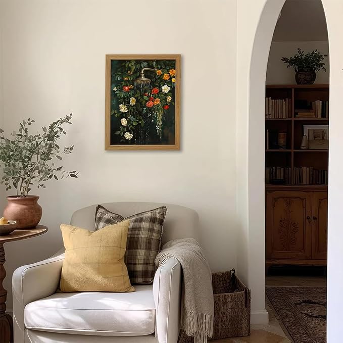 CXQILVER Vintage Framed Floral Bathroom Wall Art Canvas, Green Botanical Flowers Shower Wall Decor, Rustic Farmhouse Bathroom Decor Aesthetic Picture Artwork for Bedroom Living Room Guest Bath 16x24in