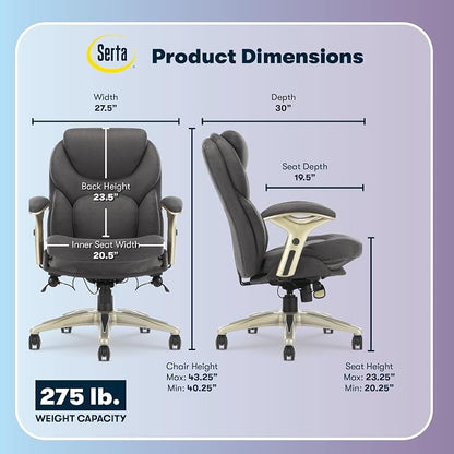 Serta Claremont Executive Office Chair with Back-In-Motion Technology, Ergonomic Mid-Back with Pivot Lumbar Support & Seat, Plush Cushion, Body Pillows, Adjustable Arms, Dark Gray Fabric
