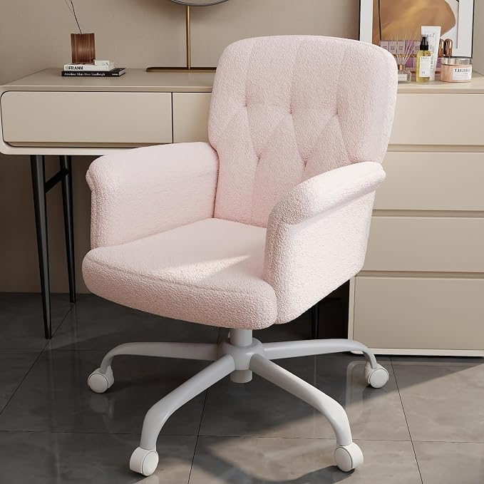 Comfy Home Office Desk Chair, Upholstered Fuzzy Vanity Chair with Wheels and Arms, Modern Adjustable Swivel Computer Seat for Make Up, Home Office, Living Room, Bedroom, Teddy Fleece, Pink