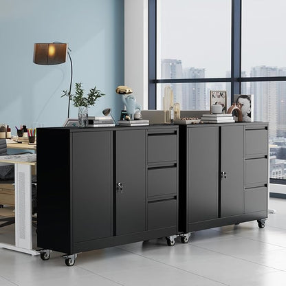 pozdeg Lockable Lateral File Cabinet with Gooseneck Handle, 3 Drawer Mobile Rolling File Cabinet with Wheels, Anti-Rust Sturdy Steel Cabinet for Home Office Workspace Organization (Black)