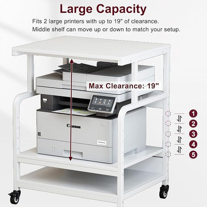 White Printer Table Stand with Storage, 23.6''x18.9'' Large Printer Table for Home Office, 3 Tier Rolling Printer Cart with Wheels, Stand for 3D Laser Inkjet Printer, Fax