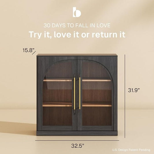 BELLEZE 32.5" Kitchen Storage Cabinet with Adjustable Shelves,Freestanding Accent Cabinet with Fluted Arched Design & Gold Handles,Modern Credenza for Living Room,Dining Room,Entryway - Ebony