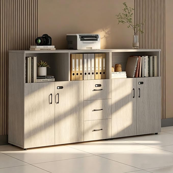 File Cabinet with Password Lock, Wood Lateral Filing Cabinet for Letter/A4 Files, 3 Drawer with Door, Printer Stand with Open Shelves for Home Office