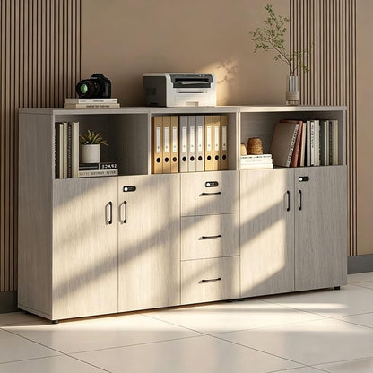 File Cabinet with Password Lock, Wood Lateral Filing Cabinet for Letter/A4 Files, 3 Drawer with Door, Printer Stand with Open Shelves for Home Office