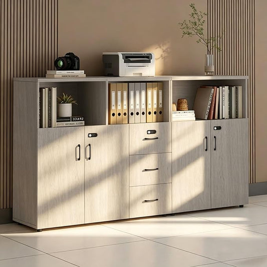File Cabinet with Password Lock, Wood Lateral Filing Cabinet for Letter/A4 Files, 3 Drawer with Door, Printer Stand with Open Shelves for Home Office