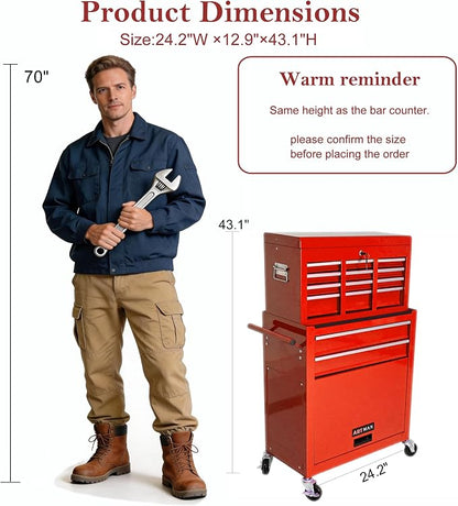 RYH 8 Drawers Rolling Tool Chest & Tool Box on Wheels | Heavy Duty Metal Cart with Ball Bearing Drawers | Fits US General Tool Box for Garage Storage (Red, 8 Drawers /43.1" H × 24.2" W)