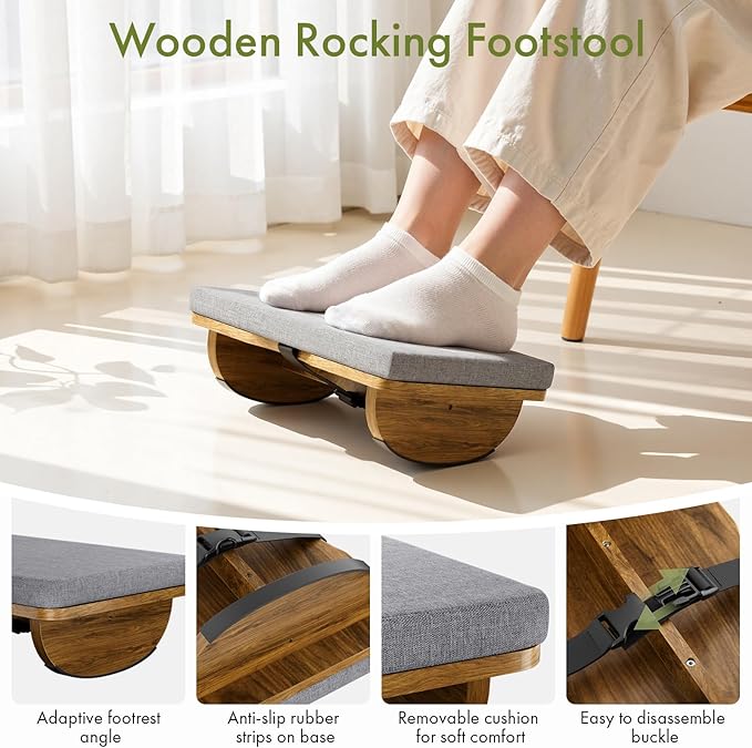 Wooden Under Desk Foot Rest, Foot Stool with Detachable Cushion, Ergonomic Rocking Footrest for Work & Home, Leg Relief & Foot Support, Improves Posture and Blood Circulation