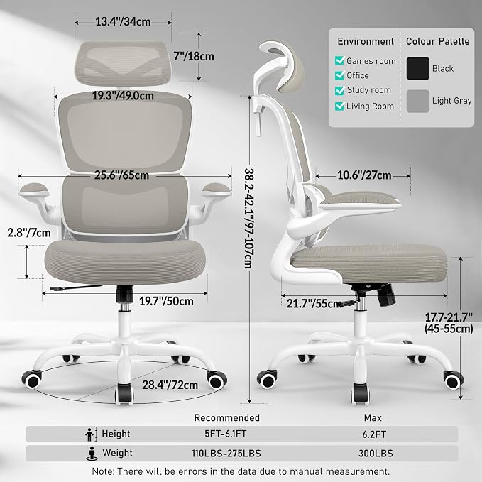 BESTFAIR High Back Ergonomic Office Chair, Breathable Mesh Desk Chair with Lumbar Support, Adjustable Headrest, Flip-up Armrests, Computer Gaming Chair, (LightGray)