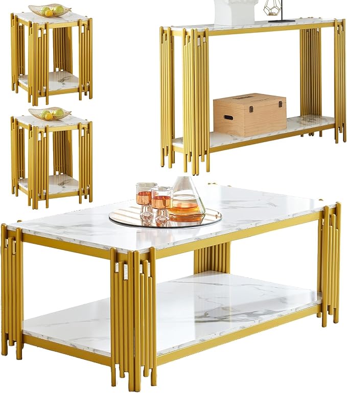 White Marble Coffee Table Set of 4, Faux Marble Coffee Tables, White Gold Console Table and 2 End Tables with Chrome Metal I-Base, Luxury 4 Piece Living Room Table Set for Home Office