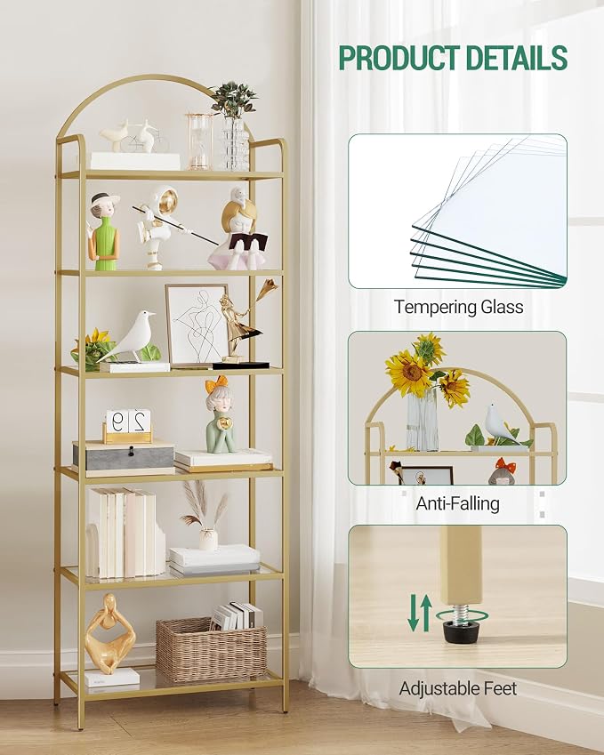 Hzuaneri Bookcase Bookshelf, Tempered Glass Bookshelves, Slim Shelving Unit for Bedroom, Bathroom, Home Office, Steel Frame, 6 Tier Gold BC21699G