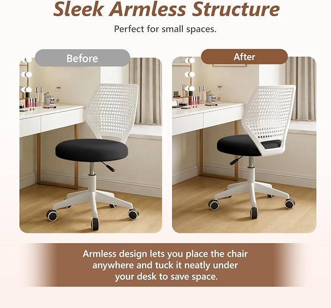 Small Office Chair with Wheels, Armless Desk Chair Height Adjustable Swivel Rolling Task Chair Breathable Mesh Ergonomic Computer Work Chair for Adult, Black and White