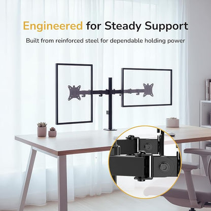 Mount-It Dual Monitor Arm, Desk Mount for 2 Screens 13-32 in, Steel | Holds up to 19.8 lbs Each, Full Motion Tilt Swivel Rotate, VESA 75x75 100x100, Cable Management, C-Clamp or Grommet, Black