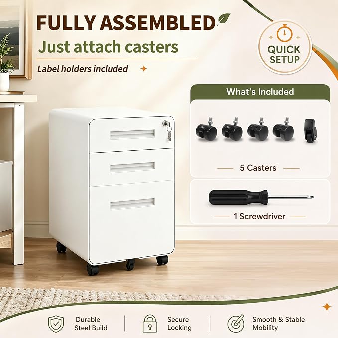 SAWJEC 3 Drawer File Cabinet with Lock, Rolling Under Desk Printer Stand, 23" H x 18" D x 16" W, Fully Assembled for Legal/Letter, White