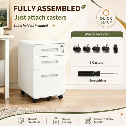 SAWJEC 3 Drawer File Cabinet with Lock, Rolling Under Desk Printer Stand, 23" H x 18" D x 16" W, Fully Assembled for Legal/Letter, White