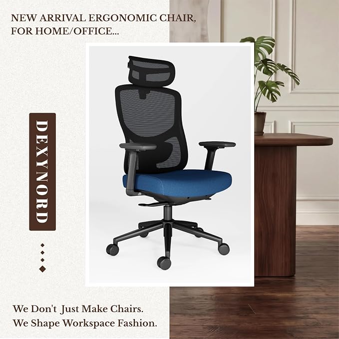 Ergonomic Office Chair with Breathable Mesh Back & Thick Cushion Seat, 4D Armrests, 3D Headrest, Adjustable Lumbar Support & Seat Depth, High Back Desk Chair with Tilt Lock (Blue)