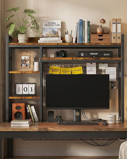 Desktop Hutch Bookshelf with Power Outlet, 3-Tier Desk Organizer Rack | 45.3" Width | Adjustable Shelves | Bookcase with Grid Panel | Sturdy Metal Frame | for Dorm Office | Easy Assembly