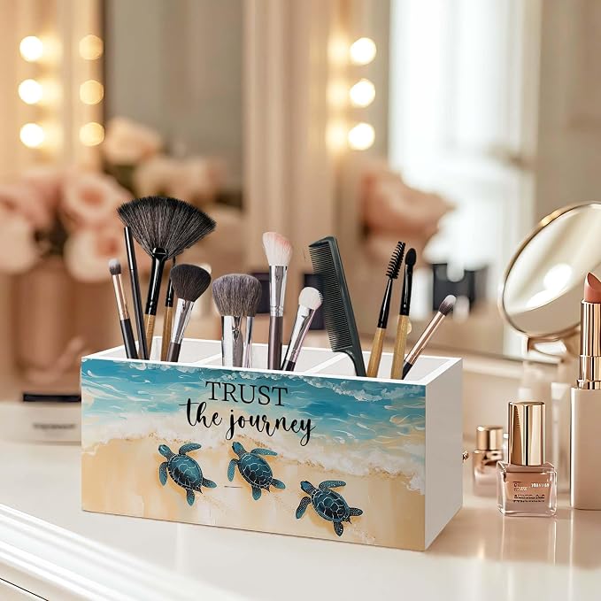 Coastal Beach Sea Turtle Pen Holder for Desk, Inspirational Sea Turtle Pencil Organizer, Trust the Journey Ocean Beach Wooden Pen Holder Desk Accessories Decor for Home Office