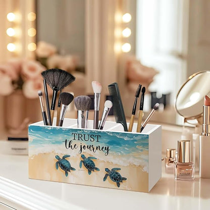 Coastal Beach Sea Turtle Pen Holder for Desk, Inspirational Sea Turtle Pencil Organizer, Trust the Journey Ocean Beach Wooden Pen Holder Desk Accessories Decor for Home Office