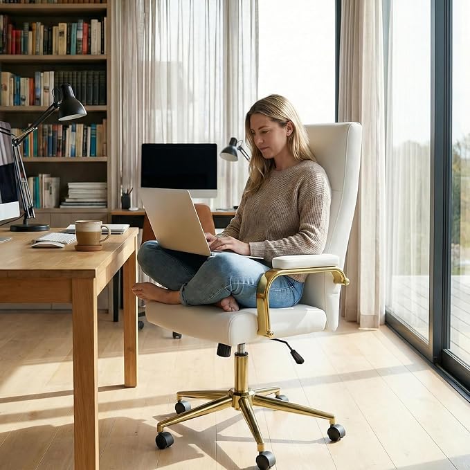 GXJ White and Gold Office Chair with Memory Foam Seat, Computer Desk Chair | 4.9'' Memory Foam Seat and 4.7'' Comfortable Backrest, High Back Leather Executive Chair with Wheels and Arms for Women