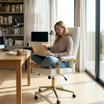 GXJ White and Gold Office Chair with Memory Foam Seat, Computer Desk Chair | 4.9'' Memory Foam Seat and 4.7'' Comfortable Backrest, High Back Leather Executive Chair with Wheels and Arms for Women