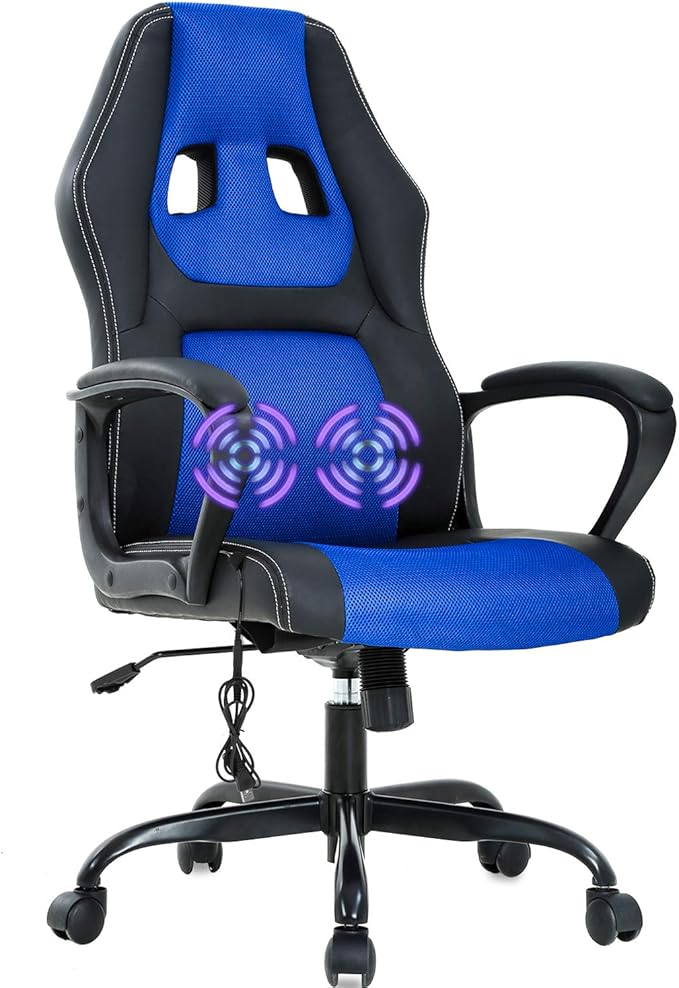 Office Chair Gaming Chair Ergonomic Massage Chair PU Leather Executive Seat with Swivel Base, Massage Lumbar Support, and Padded Armrests (Blue)
