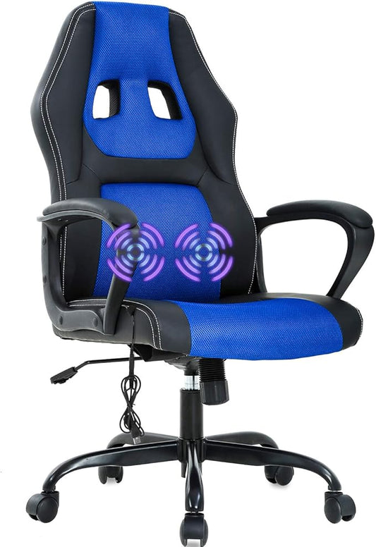 Office Chair Gaming Chair Ergonomic Massage Chair PU Leather Executive Seat with Swivel Base, Massage Lumbar Support, and Padded Armrests (Blue)