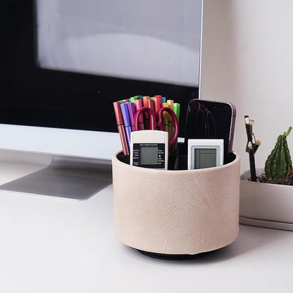 Round Leather Art Supply Organizer,Remote Control Holder,360 Degree Spinning,Multi-Functional Pencil Holder,4 Compartments Desktop Stationary Organizer(1-Crazy White)