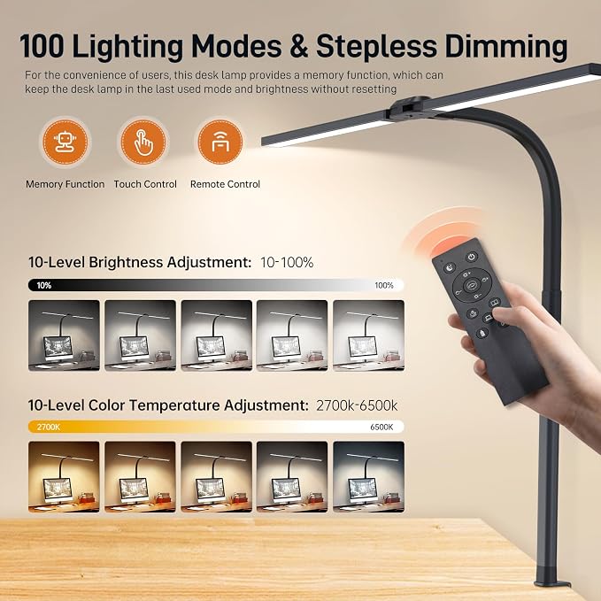 LED Desk Lamp for Home Office, Eye-Caring Desk Light with Clamp, 24W Double Head Architect Task Lamp Stepless Dimming, Flexible Gooseneck Bright Table Lamp for Study Reading Workbench Drafting