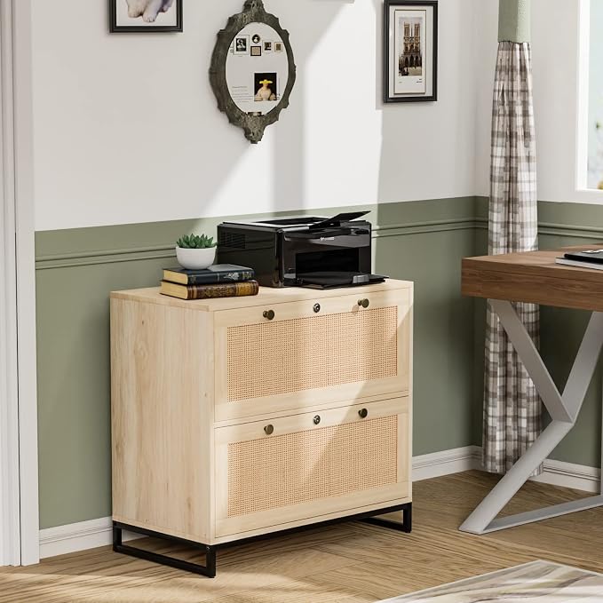 VINGLI Wood Rattan 2 Drawer Lateral File Cabinet with Lock for Home Office, Lockable Filing Cabinet with Rustic Metal Handles for Hanging Letter/A4/Legal Size Labeled Folders, Oak, 30W x 16D x 28H