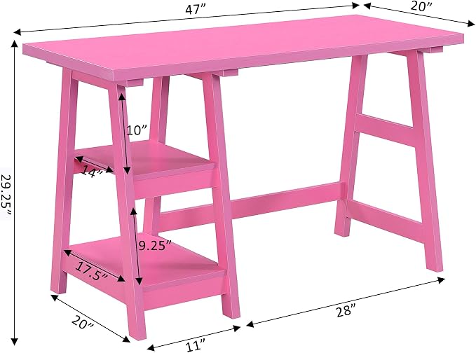 Convenience Concepts Designs2Go Trestle Desk 47" - Modern Desk or Vanity with Shelves, for Office, Dorm, Living Room, Pink