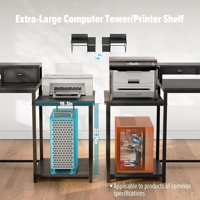 SINPAID 47 inch Computer Desk with Printer Shelf, Gaming Desk with Monitor Stand and Drawers, Reversible Home Office Desk with Storage Shelves and 2 Hooks, Home Workstation for Study Writing, Black
