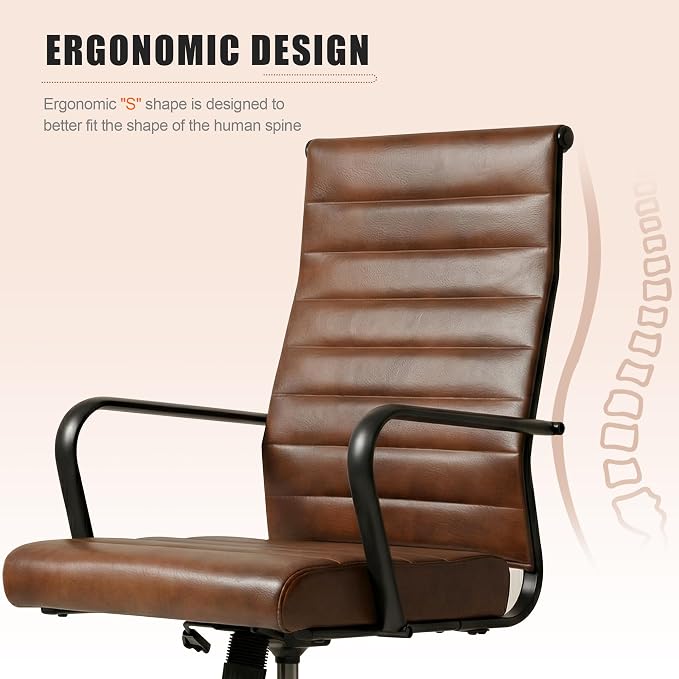 Okeysen Leather Office Desk Chair, Mid-Century Modern Leather Conference Room Chairs, Ergonomic Executive Ribbed Height Adjustable Swivel Rolling Chair for Home Office.