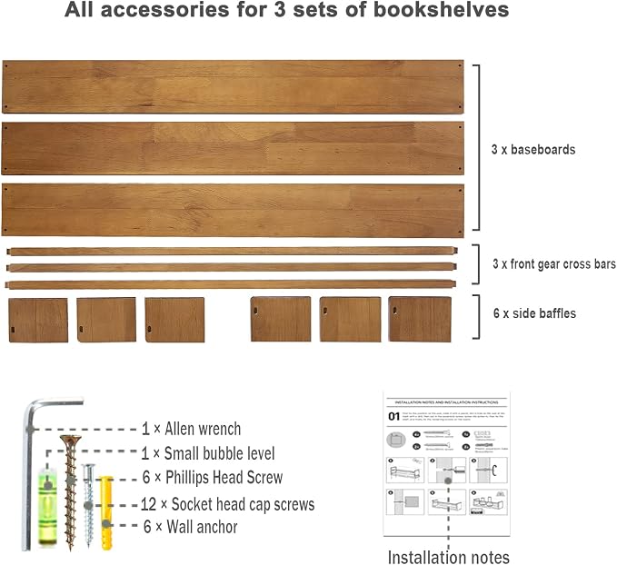 AZSKY Light Walnut Nursery Book Shelves 36 Inch Floating Wall Mounted Bookshelf Kids Room Hanging Shelves Books Storage Organizer a Set of 3