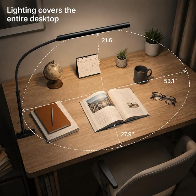 LED Desk Lamp with Clamp, 5 Color Modes & 10 Brightness Levels, Eye-Caring Desk Light, Flexible Gooseneck, Memory Function, Adapter Included for Home Office, Reading & Study