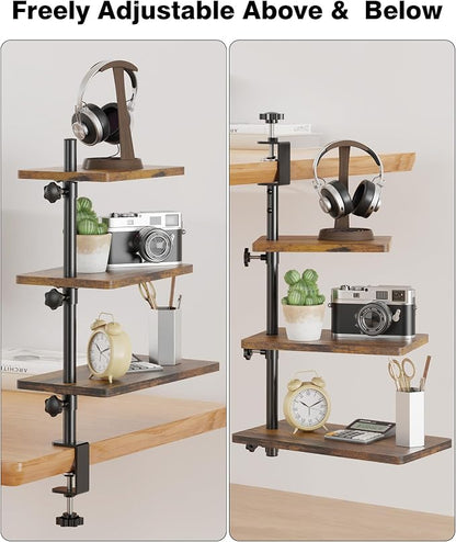 3 Tiers Clamp On Desk Shelf, 360° Angle Adjustable Desktop Shelf Organizer for Home Office Gaming Room, No Drill Desk Extender Adapt to 0.4-2.16 inches Table Thick, Black Brown