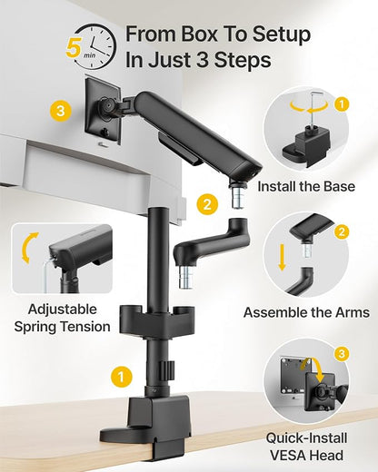 monTEK Extra Tall Dual Monitor Arms with USB, Mechanical Spring Desk Mount for 17 to 35 Inch 2 Screens, Smooth Precision Bearings, Holds up to 26.4 lbs Per Arm, C-Clamp/Grommet Base, VESA 75/100mm