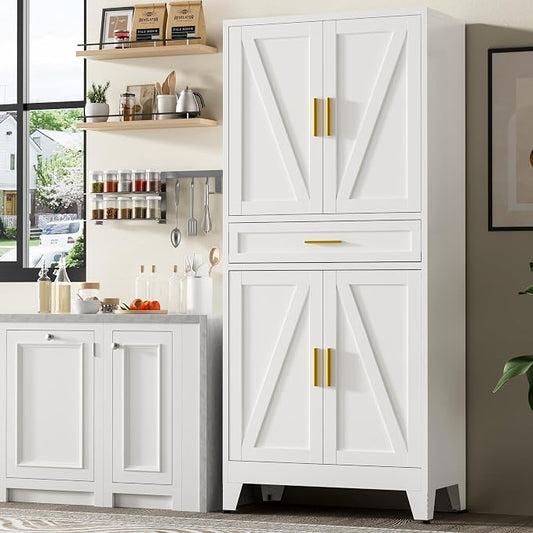 Baborokic 71" Tall Metal Storage Cabinet with Adjustable Shelves,Farmhouse Kitchen Pantry Cabinet with 2 Barn Doors and Drawer,Large Storage Cabinets for Dining Room,Office,Kitchen(White)
