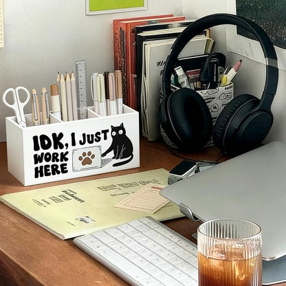 Funny Black Cat Pen Pencil Holder for Desk, Black Cat Gifts, Office Humor Gifts for Coworkers, IDK I Just Work Here Wooden Box Sign Decorations for Home Office Workplace Desk Tabletop